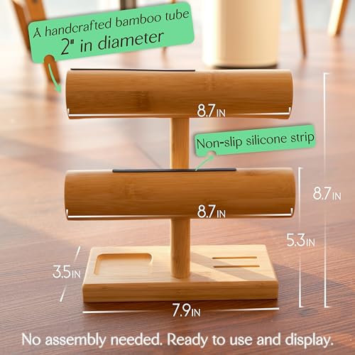 LED Bamboo Jewelry Organizer Stand - Bracelet Holder, Jewelry Organizers and Storage for Necklace, Watch, Earring, Ring - Built-in LED Light Natural Wooden Jewelry Display Stand for Dresser Decor