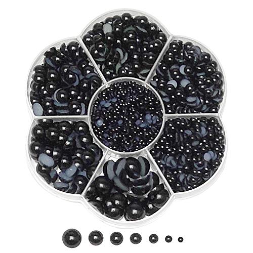 Chenkou Craft Black 1900pcs Assorted 7 Sizes(3/4/5/6/7/8/10mm) Imitation Half Pearl Bead Flat Back Scrapbook Craft DIY Loose Beads + Plastic Box (Black) - color: Black