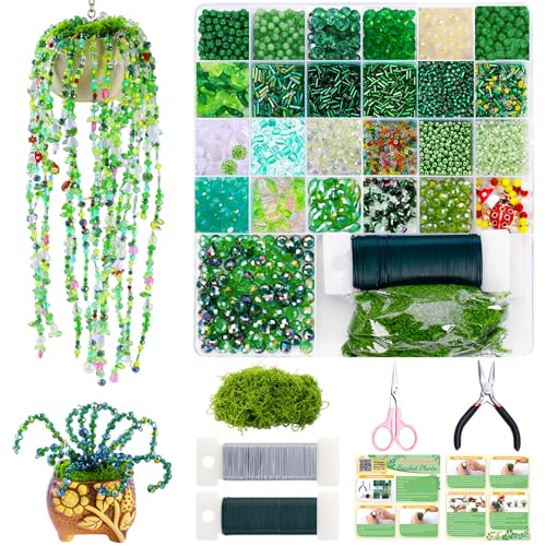 FOGWOWO 5422 Pcs Beaded Plant Kit Forever Plant Kit Green Glass Beads for Plant Making,Green Beads for Beaded Plants with Video Tutorials,Forever Plant Beads Leaf Bead for Jewelry Making DIY Craft - color: Green A (No Pot & Foam)