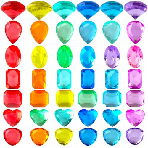 Niceup 200+pcs Kids Gemstones Toys for Pirate Treasure Princess Party Favor Pool Diving Gems Vase Filler Plastic Acrylic Fake Jewels Decors with Heart Diamond Drop Oval Rectangle Square Triangle - style: Diamond 7-Style Mini (about 200pcs)
