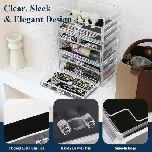 Sea Team 3-Tier Stackable Clear Makeup Organizer with Drawers, Acrylic Plastic Cosmetic Display Case, Jewelry Storage Box, Holder for Dresser, Bathroom, Vanity, Countertop (8 Drawers) - size: 3-Tier, 8 Drawers