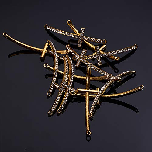 PH PandaHall 12pcs Cross Connector Golden Metal Rhinestone Charms Curved Sideways Connector Bar Link for Easter Eid Mubarak Ramadan Decoration Necklace Earring Bracelet Jewelry Making
