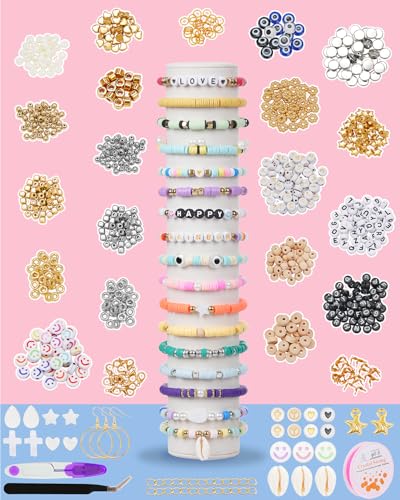 Mio Angle Clay Beads 2 Boxes 24 Colors Bracelet Making Kit, Round Letter Beads with Charm and Elastic Strings, Friendship Bracelets Holiday Gifts for Girls Adults - color: 24 Colors 2 BOX