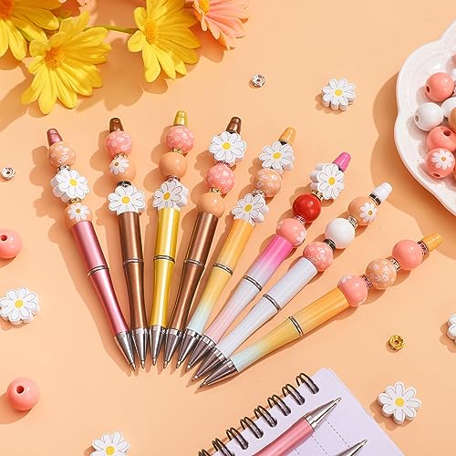 Colarr 24 Sets Plastic Beadable Pens DIY Pens Making Kit Assorted Wood Beads Crystal Spacer Black Ink Ballpoint for Women Crafts Office Family Gifts(Cute Daisy) - style: Cute Daisy
