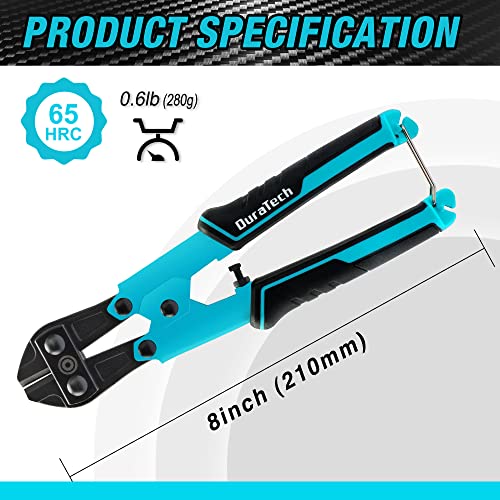 DURATECH 8-inch Mini Bolt Cutter with Bi-Material Ergonomic Handle Grip, Security Lock, Chrome Vanadium Steel Blade for Wire, Cables, Chains, Small Screws - size: 8"