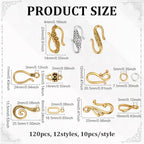 120Pcs Tibetan Style Hook and S-Hook Clasps 12 Styles Connector End Clasps Toggle Cord Rope End for Necklace Bracelet Jewelry Making