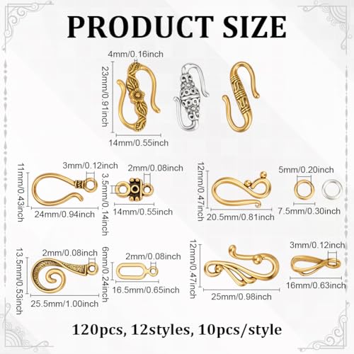 120Pcs Tibetan Style Hook and S-Hook Clasps 12 Styles Connector End Clasps Toggle Cord Rope End for Necklace Bracelet Jewelry Making