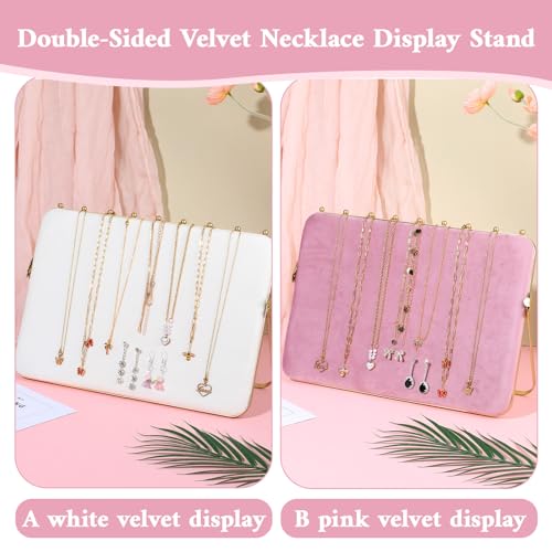 1 Pack Double-Sided Velvet Necklace Display Stand – Pink & White Jewelry Organizer Holder for Vendors, Craft Shows, Exhibitions (14 x 10 Inches, Metal Frame)