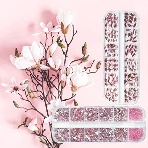qiipii 3080Pcs Pink Nail Rhinestones 120 Multi Shapes Flatback Rhinestones Big Gems +2960 Light Pink Round Beads K9 Glass Stones Diamonds jewels Crystals for Nails Faces Eyes Makeup Clothes Crafts DIY - color: Pink, size: A Set