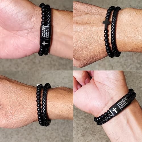 Mens Bracelet Fathers Gifts Day Black Braided Leather Stainless Steel Cross Jewelry Charming Bracelet Embedded with Black Agate Beads,Perfect for Wedding, Parties, and Everyday,Bible Verse Christian Religious Gift(7.5/8.5/9 Inch) - color: E+black+8.5