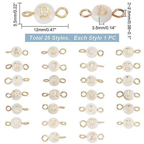 PH PandaHall A-Z Letter Link Charms, 26pcs Shell Alphabet Letters Beads with Golden 304 Stainless Steel Double Loops Pendant Link Charms for DIY Bracelet Necklace Jewerly Crafts Making