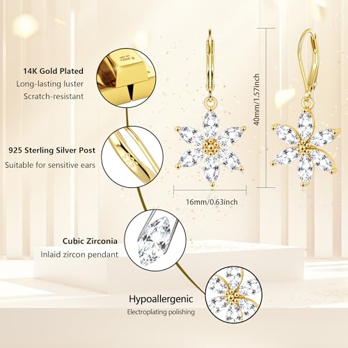 925 Sterling Silver Flower Dangle Earrings for Women, Daisy Flower Dangling Leverback Earrings, Cubic Zirconia Dangly Earring 14k Gold Plated Hypoallergenic CZ Floral Drop Earing for Women Trendy Jewelry Gifts - color: 14K Gold