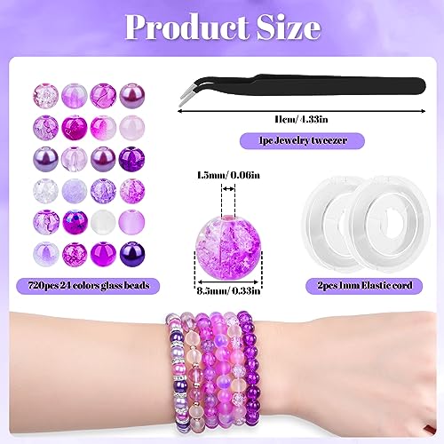 PAXCOO 720pcs Glass Beads for Jewelry Making 8mm, 24 Colors Bead Bracelet Making Kit Purple Round Loose Beads for Bracelet Earring Necklace Jewelry Making Supplies - color: Purple