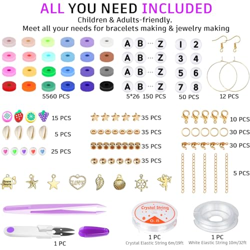 Gionlion 6000 Clay Beads Bracelet Making Kit, 24 Colors Flat Preppy Beads for Friendship Bracelets, Polymer Clay Bead with Charms for Jewelry Making, Crafts Gifts for Girls Ages 6-12 - style: Classic