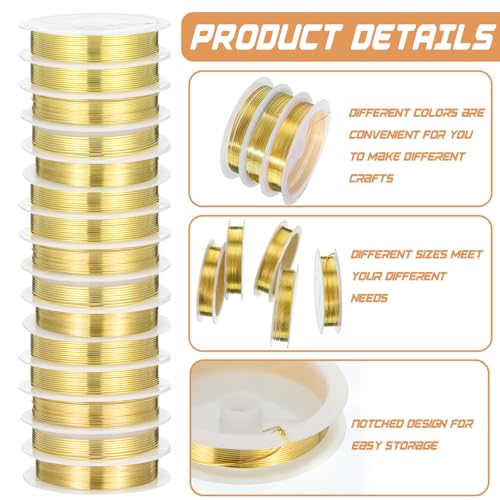 Mixweer 15 Pcs 5 Size Copper Wire 18 20 22 26 32 Gauge Tarnish Resistant Jewelry Wire for Jewelry Making 121 Yard Metal Beading Crafting (Gold) - color: Gold