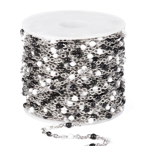 33 Feet Stainless Steel Enamel Chains Bulk, 2mm 304 Stainless Steel White Black Enamel Beaded Cable Link Chain Roll Spool for Jewelry Making - color: Stainless Steel White Black Beads