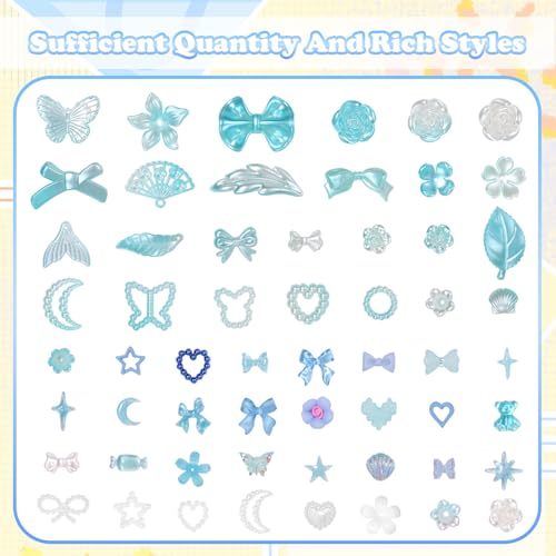 350 Pcs Junk Case Charms Blue 3D Resin ABS Rose Flower Bows Butterfly Charm with Bows Moon Heart Pearls Fun Beads Flatback Resin Charms for Craft DIY - color: color-S6