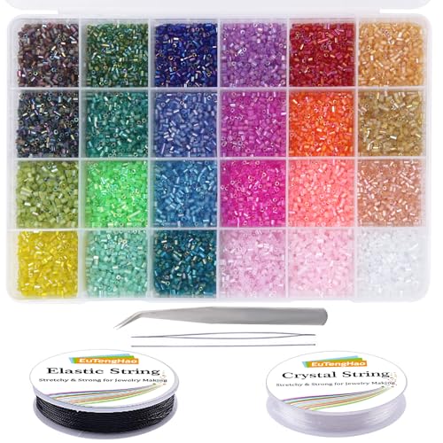 EuTengHao 14400pcs Tube Beads Bugle Glass Seed Beads, Small Craft Spacer Beads for DIY Bracelet Necklaces Crafting Jewelry Making Supplies with Two Crystal String (3mm, 600 Per Color, 24 Colors) - size: 3mm