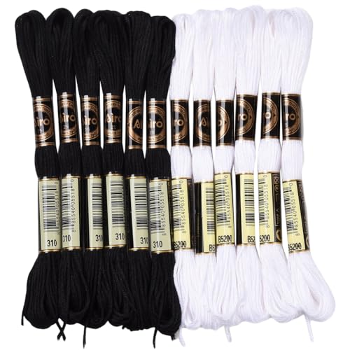 12 Skeins 105 Yards Black White Embroidery Floss Thread Bulk 6 Ply Cross Stitch Floss Variegated Friendship Bracelet String Threads for Jewelry Making Bracelet Knitting Stitch Craft Supply - color: Black,white