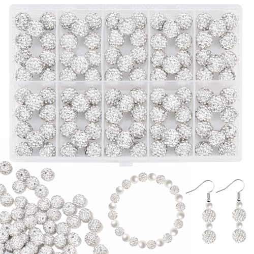 100Pcs 10mm White Rhinestone Beads for Jewelry Making, Shiny Round Disco Ball Sparkly Beads Bulk with 10-Grid Storage Box for DIY Baseball Necklaces Shamballa Bracelets - color: White