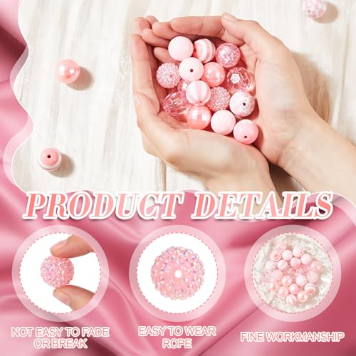 Ferreve 20 Pcs Chunky Bubblegum Beads 20mm Focal Pen Large Rhinestone Pearl Beads for DIY Beadable Pen School Jewelry Making Keychain Craft Making(Pink) - color: Pink