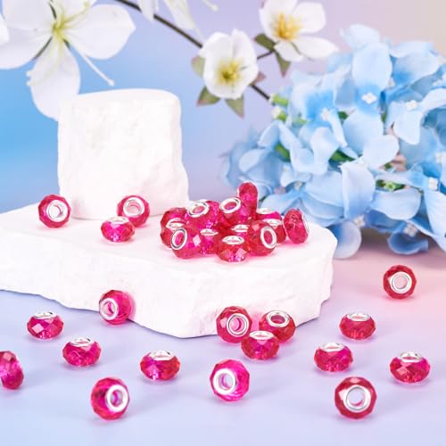 100pcs 14mm Large Hole Beads Glass Crystal Faceted Beads Magenta European Crystal Spacer Beads for Valentine's Day Necklace Earring Bracelet Crafts Jewelry Making - color: Magenta