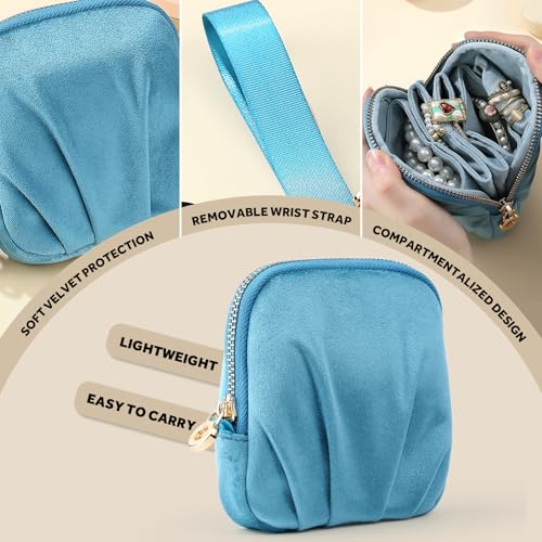 Velvet Travel Jewelry Pouch, 2-in-1 Clamshell Case with Detachable Insert, Portable Travel Jewelry Organizer with Wrist Strap, Converts to Mini Coin Purse, Gift for Women & Girls (Teal Blue) - color: Teal Blue