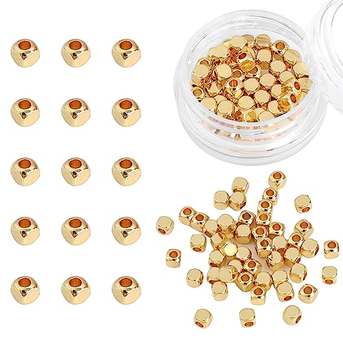 BEADIA 14K Gold Plated Cube Spacer Beads Round 3x3mm 50pcs for Jewelry Making Findings Non Tarnish - color: 14K Gold, size: 3x3mm Round Cube