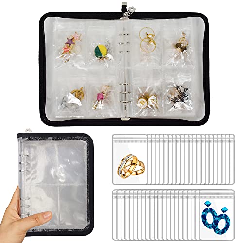Earring Organizer Case Travel Jewelry Organizer Transparent Jewelry Storage Book for Necklace Bracelet Ring Holder with Small Clear Zippered Pouch - color: Black,80 PCS Small Bags