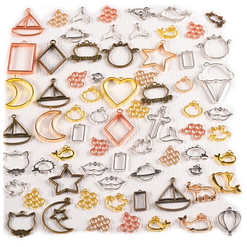 stino Metal Charms for Jewelry Making 100gram, Bulk Tibetan Silver & Gold Plated Trinkets for Earring Necklace Jewelry Making and Findings - color: Bezels Frame Silver & Bronze Glod