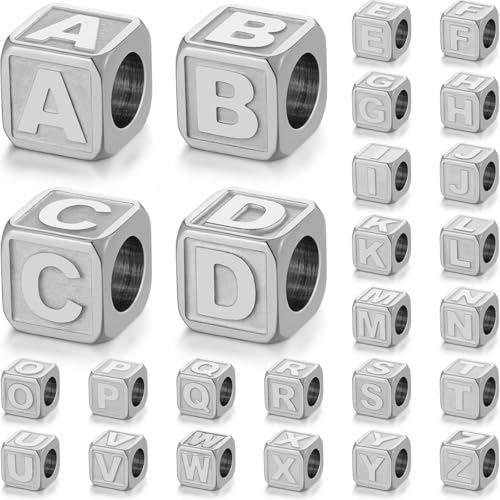 26 Pcs Non Tarnish Silver Metal Letter Beads, Stainless Steels Letters for Bracelets, Necklace, Bag Charms, Shoe Lace, Shoe Charms for Sneakers - color: Stainless Steel, size: Square 8x8mm