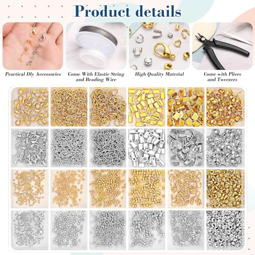 2384Pcs Crimp Beads Supplies for Jewelry Making, Including Crimp Bead Covers, Crimp Tubes, Bracelet Clasps and Closures, Crimp Ends, Jump Rings, Crimping Pliers and Beading Wire for Bracelets Making