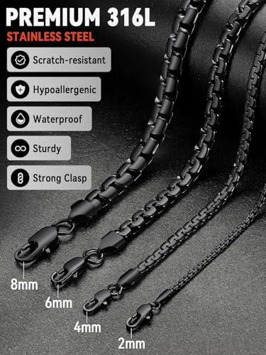 FaithHeart Mens Black/Silver/Gold Stainless Steel Flat Box Link Chain Necklace, Stylish 2/4/6/8mm Width Box Chains Necklaces for Men Non Tarnish Hip Hop Chain Jewelry Gifts,14"-30" Length - color: 2mm Width-Black, size: 18 Inches Length