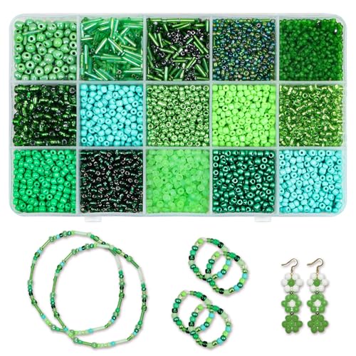 Wulitaotao 15 Color Glass Seed and Tube Bugle Beads Kit, Seed Bead Kit, for Jewelry Making Necklace Bracelet Craft,DIY Kit,Mixed Size (Mix 15 Color, Green) - color: Green