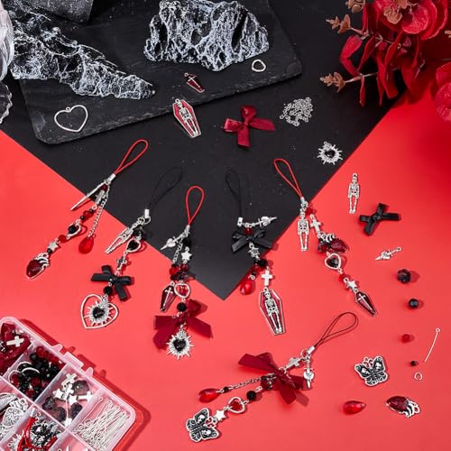 SUNNYCLUE 1 Box DIY 6 Sets Cell Phone Charm Kit Black Cherry Charms Gothic Checkered Bowknot Flowers Red Cherry Fruit Charm Accessories for Jewelry Making Kits Women Starters Cellphones Case Decors