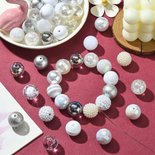 Ipotkitt 50 Pcs 20mm Acrylic Bubblegum Beads Round Spacer Loose Beads White Theme Disco Ball Chunky Rhinestone Beads for Pen Bag Chain Jewelry Making - color: 50pcs-White Bubblegum Beads-20mm