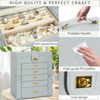 AKOZLIN 6-Tier Jewelry Box Organizer Functional Huge 5 Drawers Leather Jewelry Storage Case Grey Large