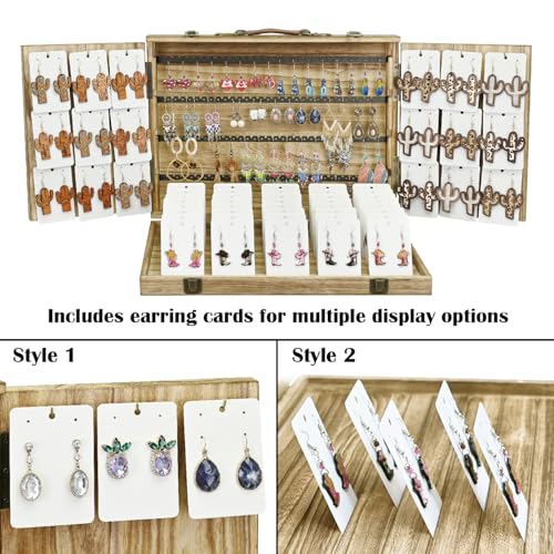 Ikee Design Wooden Earring Display with 100pcs Earring cards, Jewelry Display Case, Earring Holder Organizer, Bracelet Display, Oak, All open 31.5W x 14D x 12.5H in, Close 15.7 W x11.3Dx 3.5H in