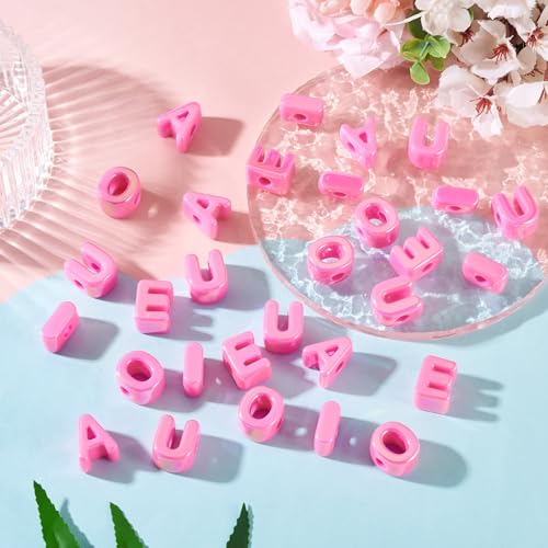 FASHEWELRY 50Pcs 20mm Big Vowel Letter Beads Deep Pink Large Hole Acrylic Alphabet Beads for Bracelets Making, UV Plating Iridescent 3D Slider Initials Bead for Keychains Making - color: Deep Pink