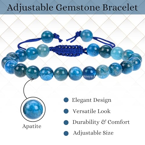 ANAYA AGATE Energy Protection Crystal Handmade Adjustable Bead Bracelet Perfect for Men, Women’s Christmas Gift - Gemstone Healing Stretch Bracelet Pulsera Para Hombre Mujer Stocking Stuffer - color: Apatite