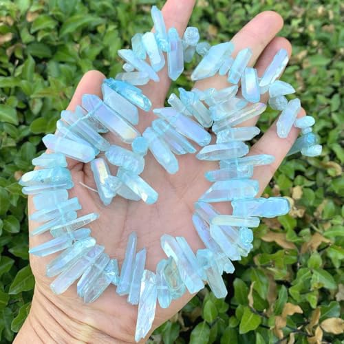 Adabele 30 Inch Natural Raw Healing Crystal Quartz Gemstone Loose Beads Small Drilled Point Aqua Blue AB Titanium Coated Chakra Gem Stone Drop Stick GA7 - color: Aqua Blue Ab, size: Small Size (30 Inch/2 Strands)