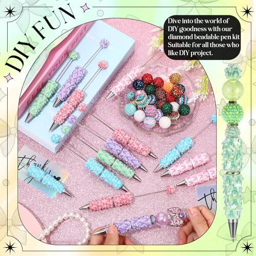 Tondiamo 45 Pcs Full Rhinestone Beadable Pens Bulk Set 15 Glitter Diamond Pens with Cards & Bags Fancy Beaded Pen for Beads DIY Cute Journalling Bling Ballpoint Craft Making(Bow Diamonds) - style: Bow Diamonds