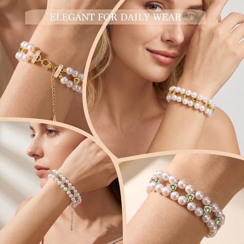 Double Layer Pearl Heart Bracelets for Women, Cubic Zirconia Charm Jewelry, Adjustable Gold Silver Stackable Bracelet Jewelry Set Birthday Gift for Mom Daughter Wife - color: Silver-Green