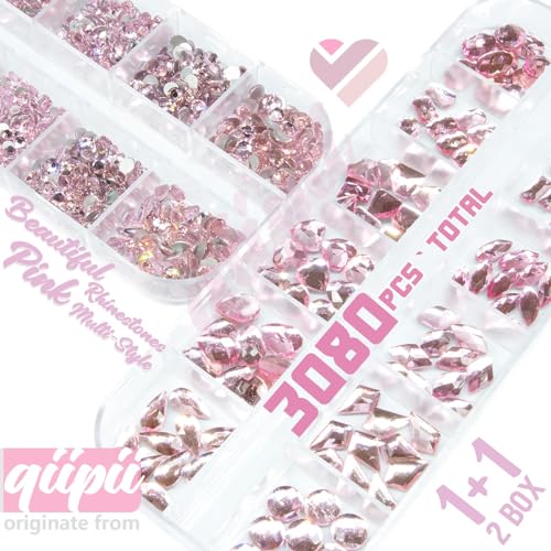 qiipii 3080Pcs Pink Nail Rhinestones 120 Multi Shapes Flatback Rhinestones Big Gems +2960 Light Pink Round Beads K9 Glass Stones Diamonds jewels Crystals for Nails Faces Eyes Makeup Clothes Crafts DIY - color: Pink, size: A Set