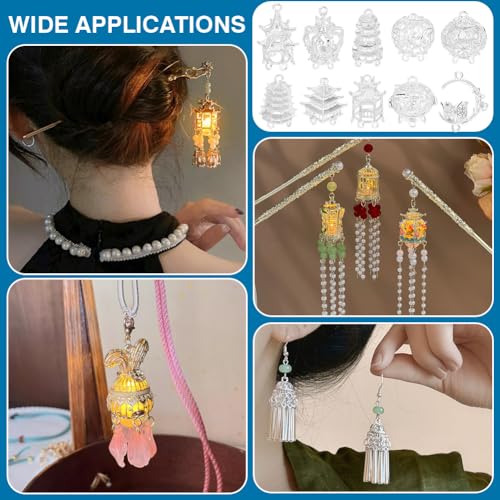 PH PandaHall 20pcs 10 Styles 3D Chandelier Component Links Charms, Silver Building Pendant Charm Earring Chandelier Filigree Pendants Hollow 3D Connector Settings for DIY Craft Jewelry Making