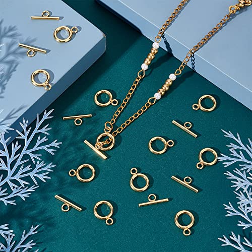 UNICRAFTALE 20 Sets Golden Toggle Clasps & Tbar Clasps 304 Stainless Steel Ring Toggle Connectors for DIY Jewelry Making - size: Bar:18mm Long