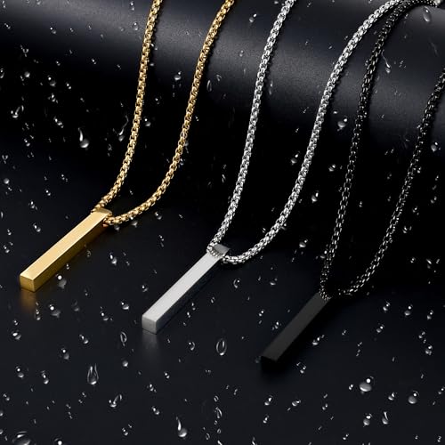 Fiusem Pendant Necklace for Men, Silver Tone/14k Gold Plated/Black Mens Pendant Necklaces with 2.5 mm Box Chain, Stainless Steel Bar Chain, 18-28 Inches - color: silver, size: 28 Inches, style: Pierced Rectangle
