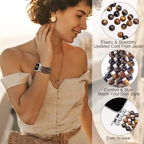 Newlibery Natural Stone Bracelet Beaded-Band Women Compatible with Apple Watch 42mm(S3/2/1) 44/45/46/49mm Feminine Handmade Stretch Strap for iWatch Series 11/10/9/8/7/6/5/4/3/2/1 SE 3/2/1 Ultra1/2/3 - color: A6 Tiger's Eye, size: 46(S10/11)/49/45/44/42mm
