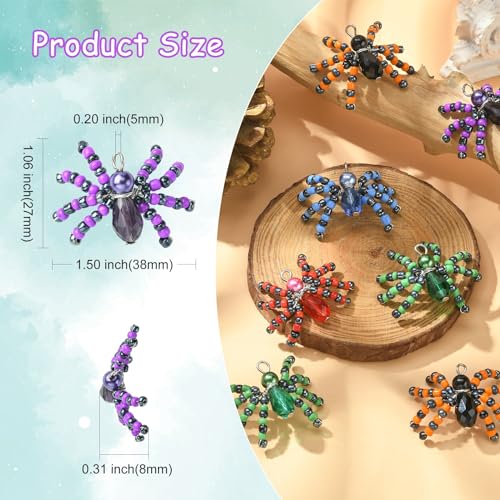 Ipotkitt 10 Pcs 5 Colors Halloween Glass Seed Spider Gothic Insect Crystal Mini Spider Charms with Platinum Brass Loops for Jewelry Making - color: 10pcs-Glass Spider Charms
