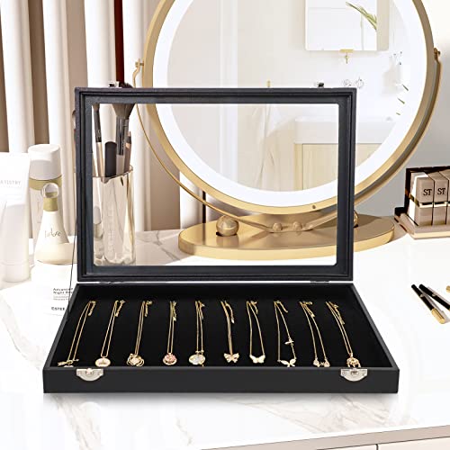 Wudygirl Necklace Organizer 20 Hooks Jewelry Organizer Jewelry Display Stackable Glass Top Lockable Black Velvet Boxes(Necklace Tray) - style: Necklace Tray